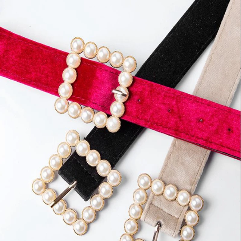 Модный трендовый красный бархатный жемчужный женский ремень с жемчужной пряжкой