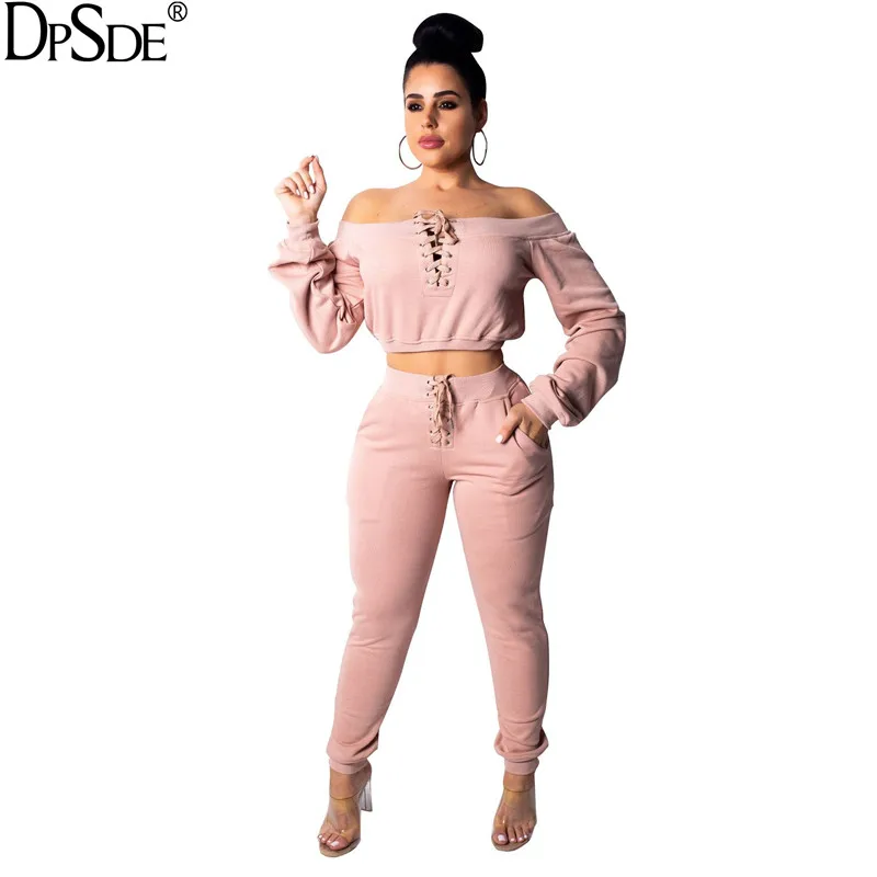DPSDE Black Sports Bandage Warm Two Pieces Women Set Autumn Off Shoulder Skinny Casual Top 2020 Lace-Up Shwo Thin Bodycon Pants |
