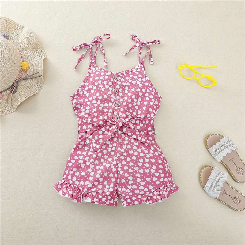 

2021 Girls Suspender Jumpsuit Summer Heart Pattern Bandage High Waist One-piece Short Pants Playsuit Kids One Piece Clothes