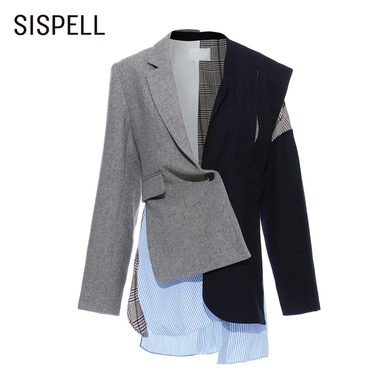 

SISPELL Patchwork Stripes Asymmetric Women's Blazer Coat Lapel Collar Long Sleeve Plaid For Female Suits 2020 Autumn Streetwear