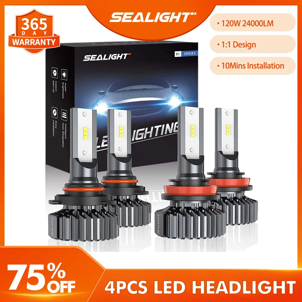 

SEALIGHT 9005/HB3 H8/H11 LED Headlight Bulbs 120W 24000LM High Low Beam Combo Package CSP Led Chips Hi/Lo lights 6000K LED Light