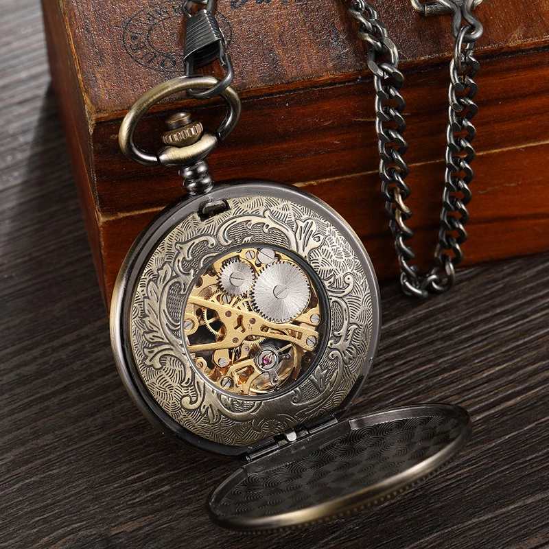 Deer Pattern Mechanical Pocket Watch Skeleton Vintage Antique Bronze Hollow Animal Engraved Male Fob Chain Clock for Men Women