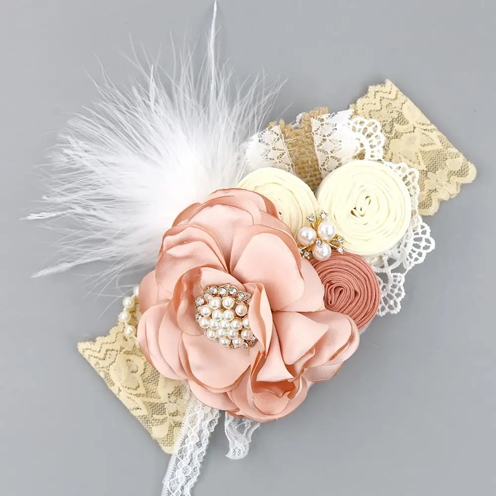 

10 Pcs/lot Feather Flower Lace Headband With Pearl Rhinestone Knot Hair Bands Silk Baby Headwear Boutique Hair Accessories