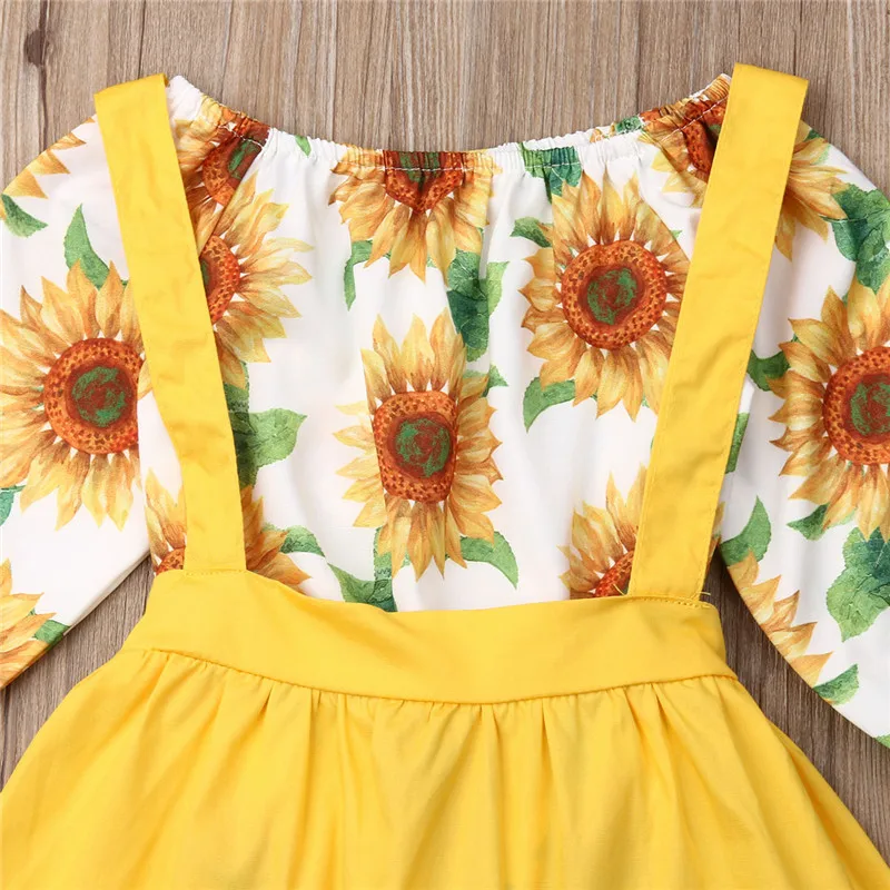 0-3 Years Baby Girls Clothes Set Sunflower Print Rompers White Yellow Sleeveless Strap Dress Suit Infant Outfits | Мать и ребенок