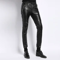 mens jogging pants mens casual leather pants elastic waistband lambskin slim fit long leather pants biker pants