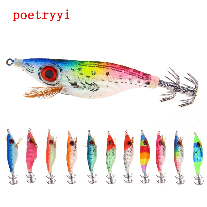 

POETRYYI 6pcs/Box Luminous Body Squid Jigs Hooks Octopus Cuttlefish Shrimp Baits Fishing Lures Wooden Shrimp With Plastic Box