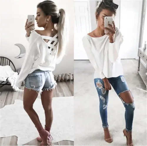 Sexy Hollow Out Women 2020 Spring Summer Back Cross Belt Loose Long Sleeve O Neck Blouse | Женская одежда