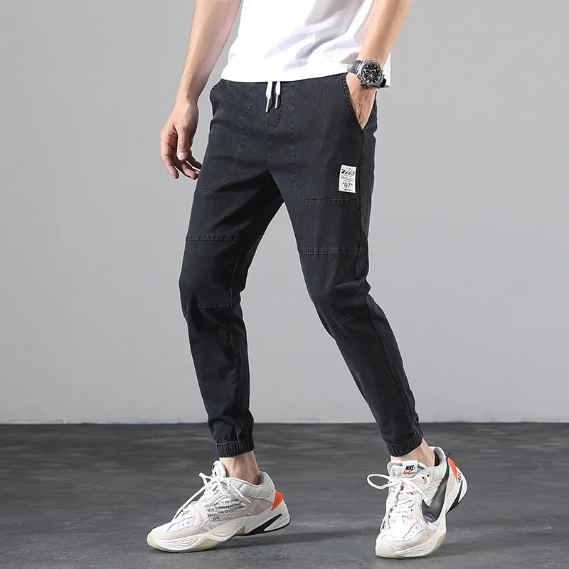 

2021 summer stretch casual corset jeans men's loose Korean small leg mid waist wash Capris