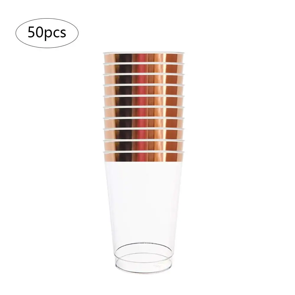 Rose Gold 12 унций, 50 штук, одноразовые пластиковые прозрачные стаканчики, Золотые Бронзовые стаканы для свадьбы, вина, сока, посуда для дома, вечерние принадлежности - Цвет: Rose Gold