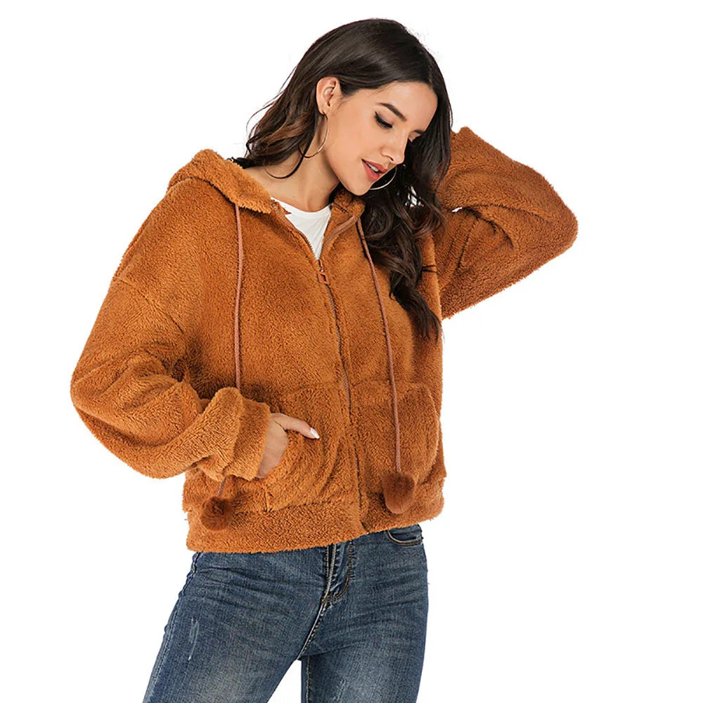 

Autumn Winter Women's European American Casual Fleece Woolen Solid Color Loose Hooded Coat