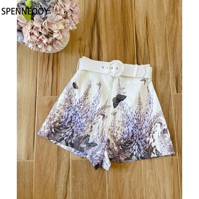 SPENNYMOOR 2021 Runway Summer High-End Two Piece Set Women Butterfly Embroidery Purple Print Silk Blouse + Linen Shorts Sets