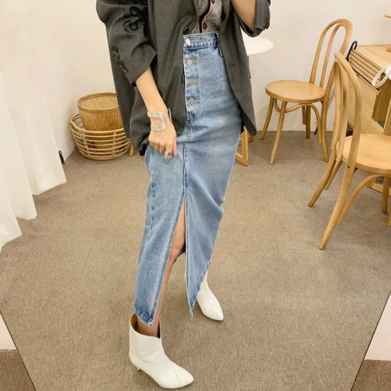 RealShe джинсовая юбка с высокой талией и пуговицами женские юбки разрезом Весенняя