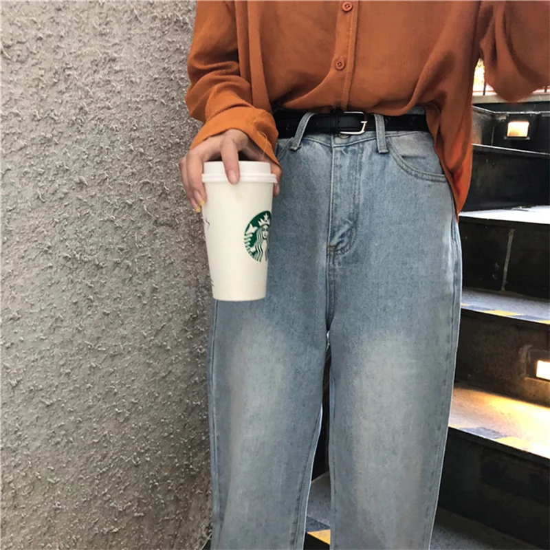 

Women Leisure Loose High Waist Jeans Female Retro Blue Slim Denim Pants Casual All-match Loose Straight Wide Leg TrousersXA202F