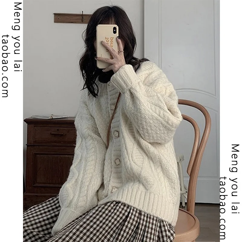 

Осенне-зимний плотный вязаный кардиган в стиле ретро, подходящий под все, женский свободный дизайнерский нишевый японский свитер, пальто