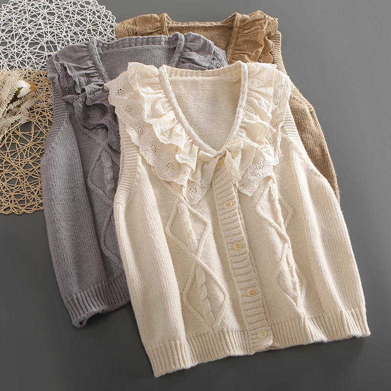 

Sweet V Neck Casual Sleevelss Sweater Vest Women Single Breasted Knitted Top
