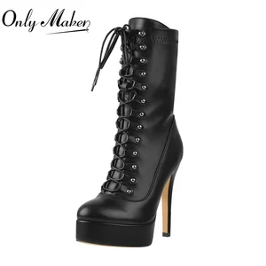 Onlymaker  Platform Lace-Up Ankle Boots Stiletto High Heels Matte Black  Shoes Side Zipper For Women Large Size Boots