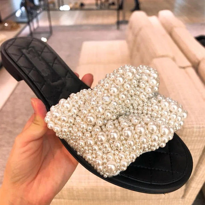 Шлепанцы женские ручной работы с жемчугом мягкие кожаные тапки без застежки