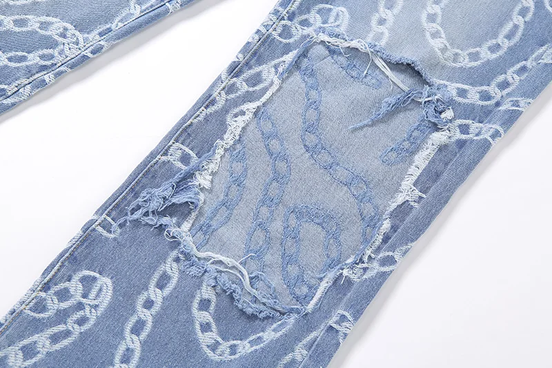 

Women's new street chain print ripped high-waisted loose straight-leg jeans