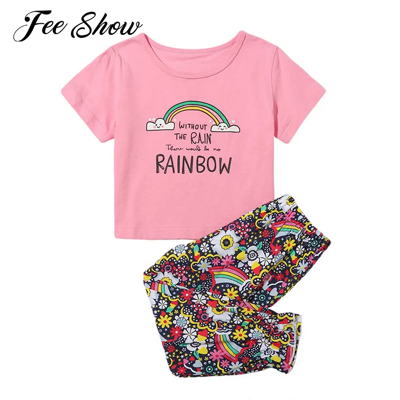 

Спортивный костюм для девочек из 2 предметов, Повседневный хлопковый комплект из футболки с принтом радуги и букв, штаны с цветочным принтом...