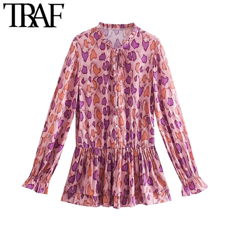 

Блузка женская с оборками, круглым вырезом и длинным рукавом