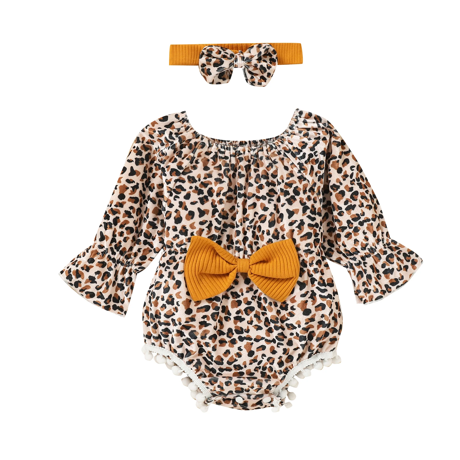

Infant Spring Autumn Clothing Baby Girl Long Flare Sleeve Leopard Print Ruffle Romper + Bow Headband Set 0-12 M