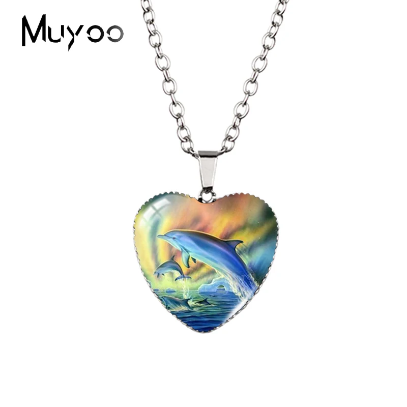 Ожерелье с подвесками в форме сердца дельфины на закате Галактический пейзаж