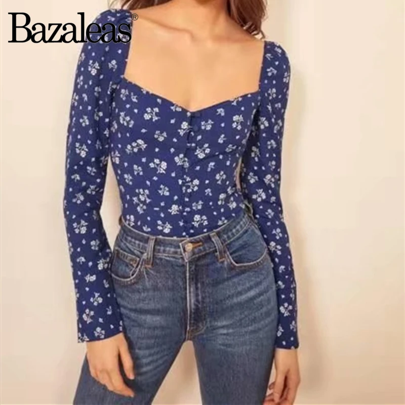 Женская эластичная блузка с цветочным принтом Bazaleas элегантная синяя винтажная
