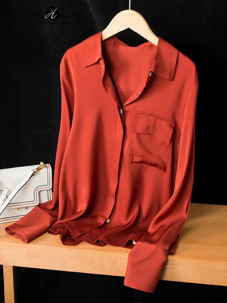 

Red Silk Shirt Women's Pocket Stitching Fashion Silk Shirt Small Shirt 2020 New Shirt