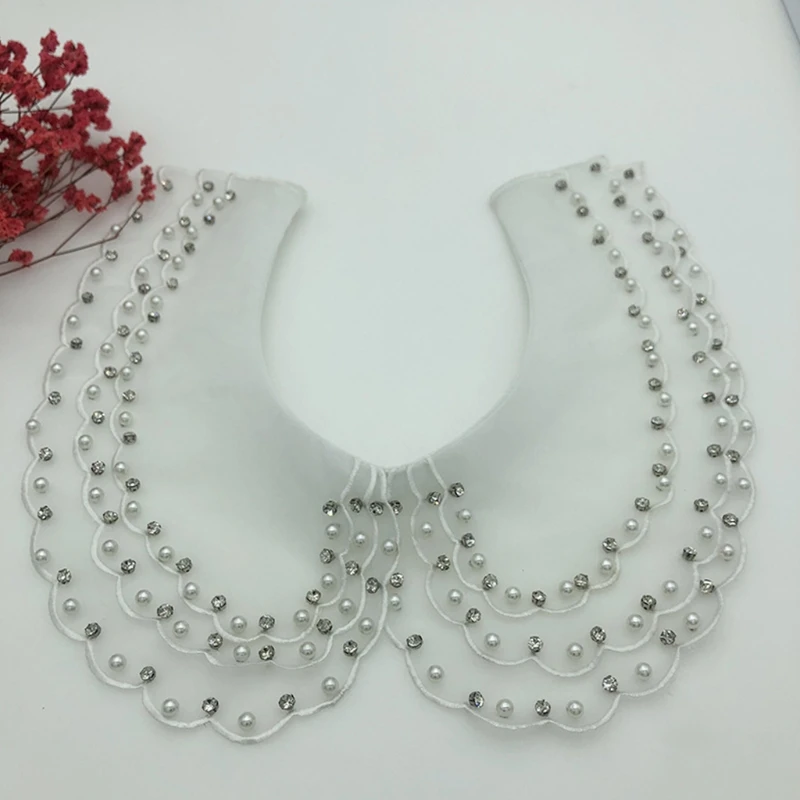 

Rhinestone Pearl Handmade Beading Fake Collar Shawl 3 Layered Organza Half Shirt Necklace Detachable Mini Poncho Capelet A20 21