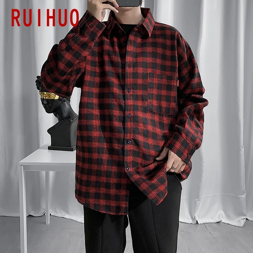 RUIHUO на каждый день в красно черную клетку рубашки для мужчин Slim Fit хлопковые