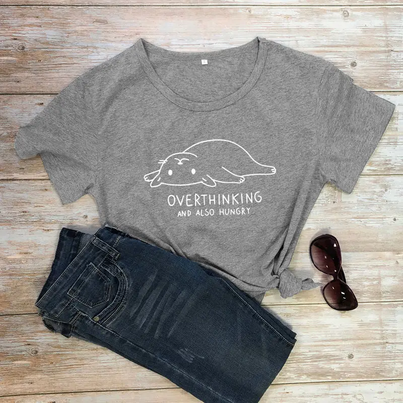 

Women Overthinking And Also Hungry Lazy Cat Top Short Sleeve Hipster Casual Streetwear Letter Ladies Aesthetic Tee T-Shirt