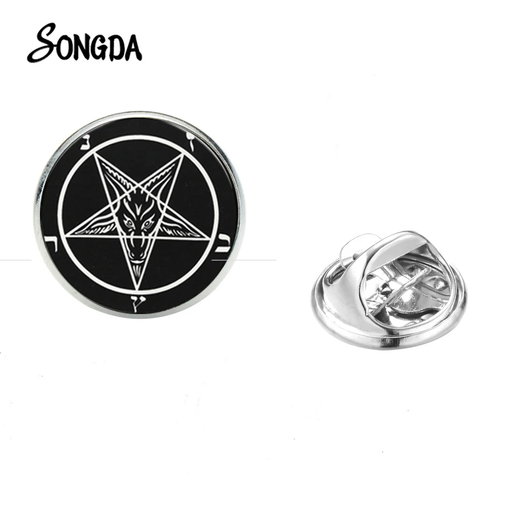 Мужская брошь в виде звезды сатаны Бафомет на булавке Череп красная голова козы