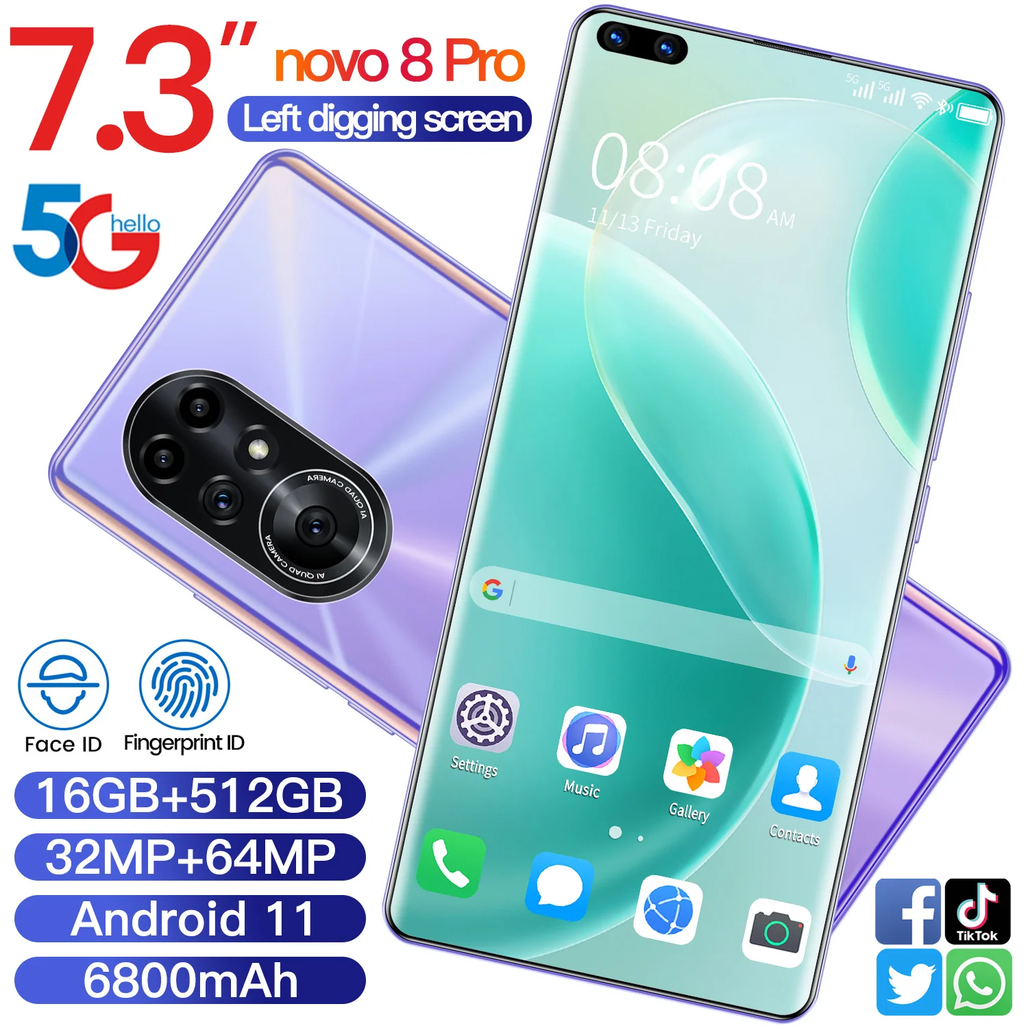 

Novo 8 Pro Smartphone 7.3" Global Unlock HD Full Screen 16GB 512GB Android 10.0 32+64MP Camera 6800mAh Big Battery Smart Phone