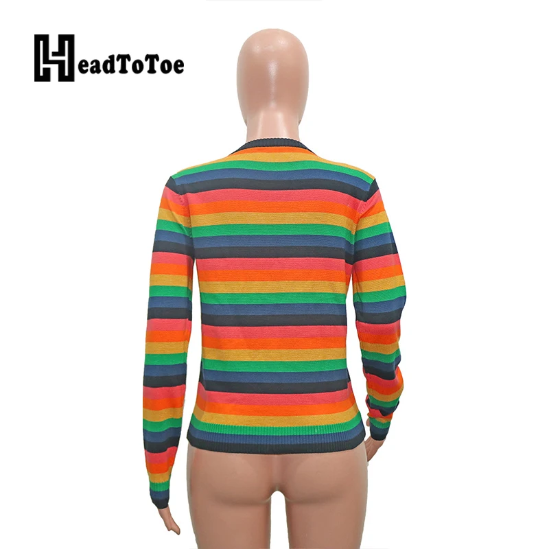 

Striped Print Casual Sweet Tops Women Full Sleeve Round Neck Elastic Loose Woman Sweaters