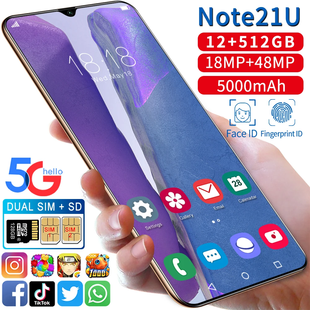 

Global Version Smartphone Note21U 6.7Inch 12GB+512GB Android10 Deca Core 4G 5G 5000mah 18MP+48MP MTK6899 New Telephone Celulares