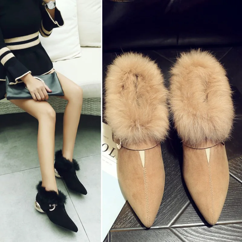 Тонкие Туфли с глубоким носком Новинка сезон осень-зима женская обувь на меху