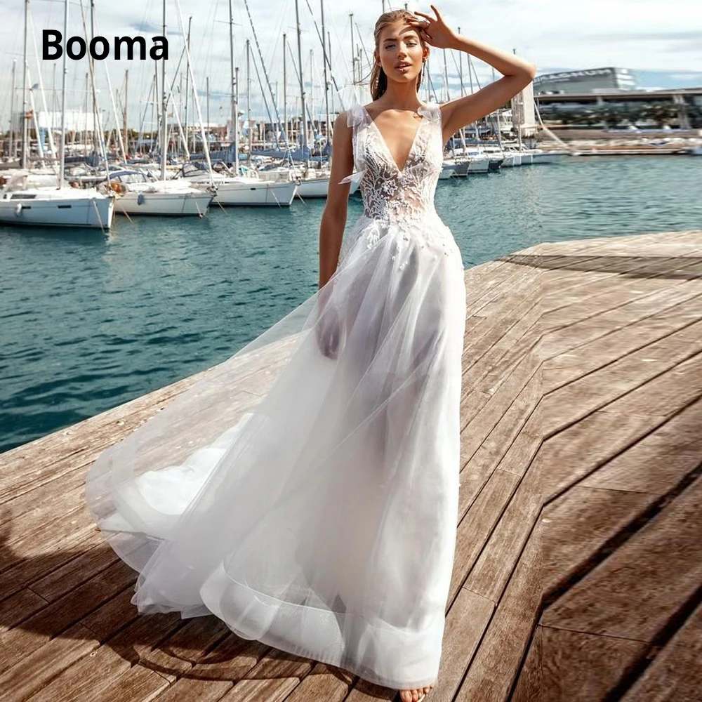 Женское кружевное свадебное платье Booma, элегантное пляжное платье из фатина с V-образным вырезом, аппликацией и открытой спиной, свадебное платье в стиле бохо со шлейфом