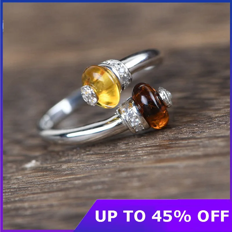 

Nature Style Yellow Stone Rings 925 Sterling Silver Open Ring Luxury Women Female Sterling Silver Fine Jewelry Gifts