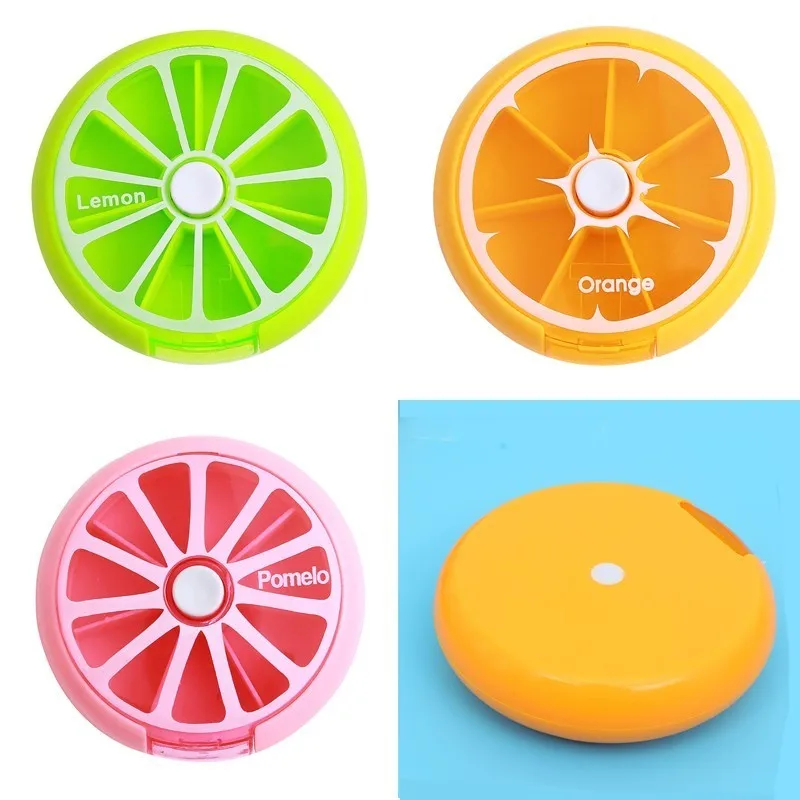 

Portable Rotating 7 Bar Pill Box Travel Medicine Dispenser Mini Fruit Color Storage Round Pill Box Storage Box Jewelry Organizer