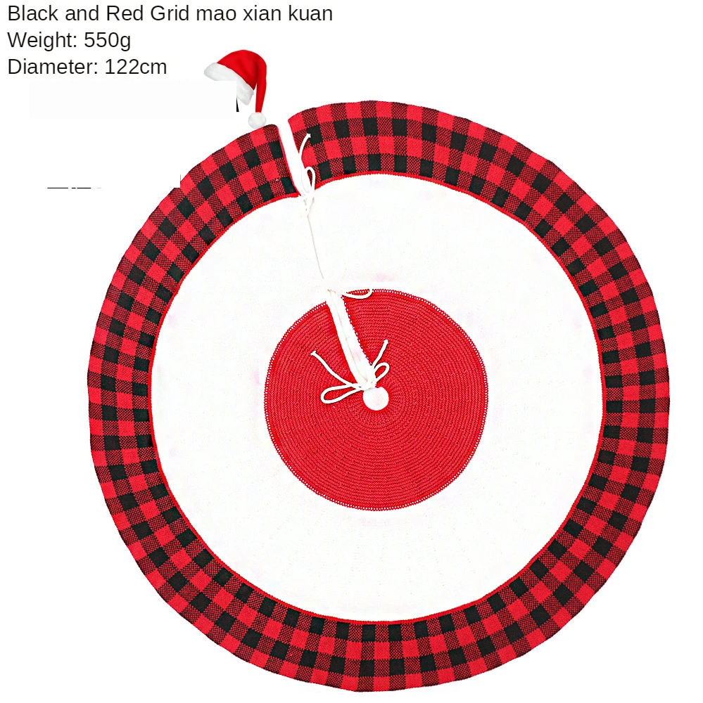 

New Product Christmas Decoration Knitted Red and Black Grid Tree Skirt Acrylic High-end Christmas Tree Skirt Apron