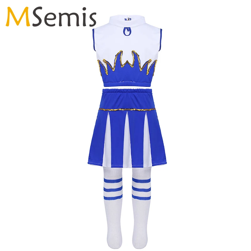 

Kids Girls Cheerleader Costume rave Outfit Sleeveless Crop Top with Skirt Socks Jazz dance costume Kids dancewear cheerleader