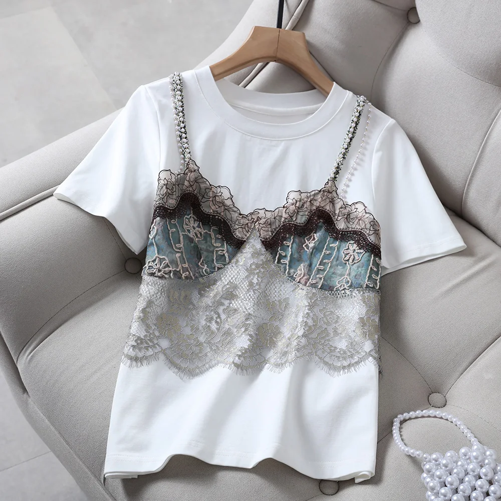 

2021 summer new fashion fake two-piece lace tube top pure cotton white short-sleeved T-shirt ladies tops niche Lace Tops