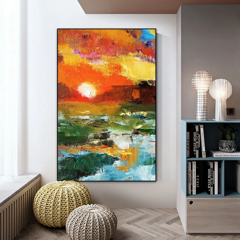 

Abstract Sunset Glow Oil Painting On Canvas 100% Hand Painted Bright Textured Modern Canvas Wall Art For Living Room Home Decor