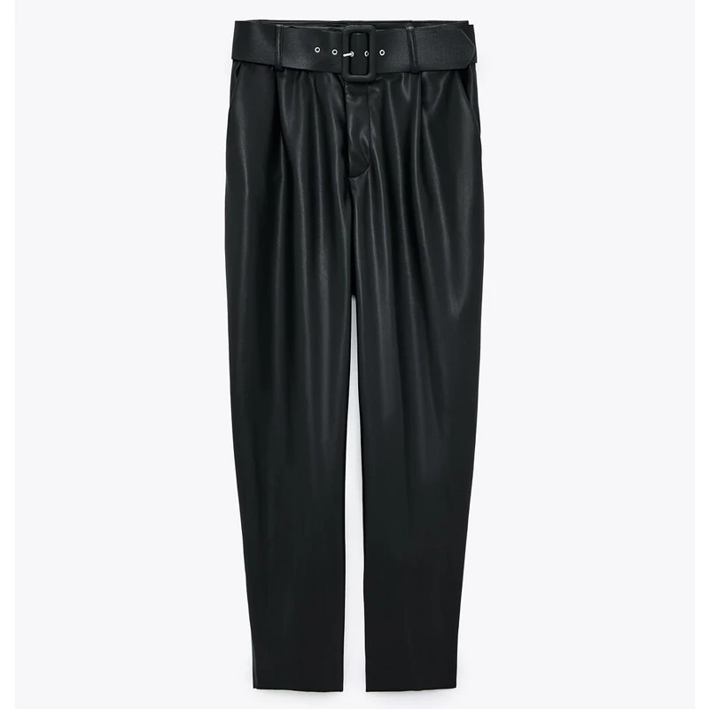 Женские брюки из искусственной кожи Novalya элегантные до щиколотки с поясом и
