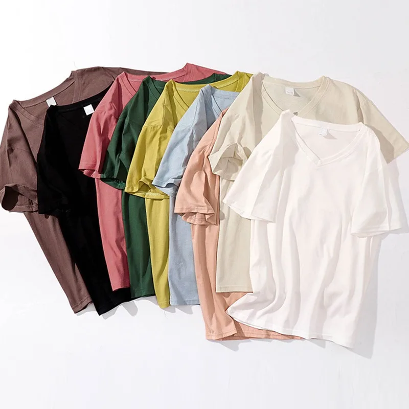 

Женская простая футболка с V-образным вырезом, женская футболка с коротким рукавом, женская летняя Однотонная футболка, топы