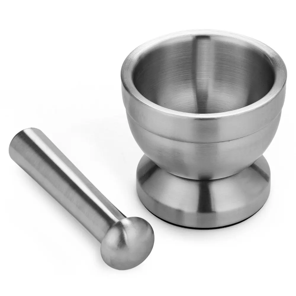 

DOUBLE STAINLESS STEEL METAL MORTAR SALT AND PESTLE PEDESTAL BOWL GARLIC PRESS POT HERB MILLS PEPPER SPICE GRINDER POT