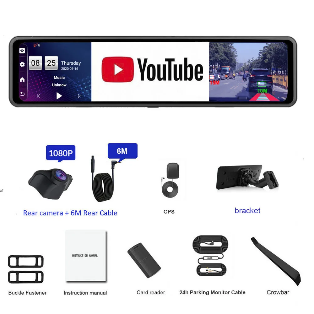 $125.10 HGDO 12'' Rear view Mirror Camera Android 4G Car DVR ADAS WIFI Video Recorder FHD 1080P Dual lens Dash Cam Registrator Mount