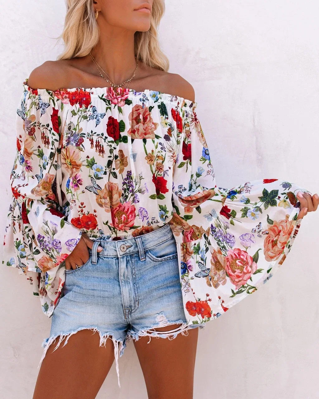 

Kalenmos New Printed Long-sleeved T-shirt Women Flared Sleeves High Waist Loose and Versatile Street Casual Women Sexy Tops