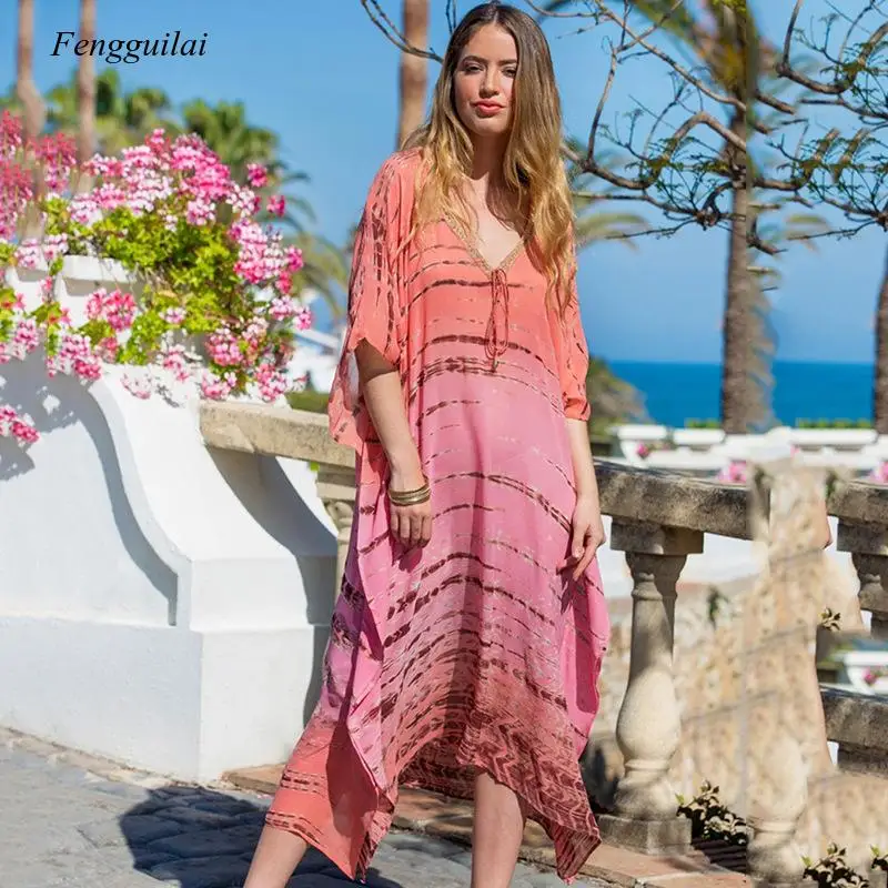 

2021 New Bikini Cover Up V-Neck Middle Sleeve Long Beach Sunscreen Blouse for Women's Summer