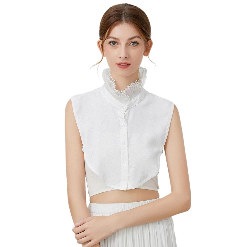 

Women Retro Victorian Ruffled Half Shirt Vintage Gothic Layered Stand False Collar Blouse White Dickey Accessories 35EF